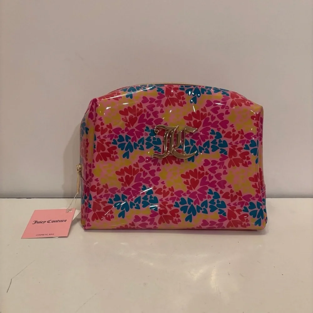 Juicy Couture PVC Cosmetic Makeup Wedge Bag Multi Hearts w/bottle NWT